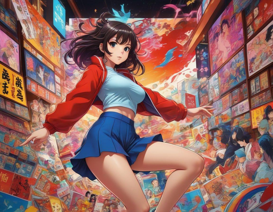A vibrant and dynamic scene depicting the fusion of adult themes in anime and manga, featuring characters in colorful, exaggerated poses, surrounded by iconic symbols of the genre like bold text, suggestive props, and artistic backgrounds. Include elements like vintage manga panels and modern anime references, blending humor and sensuality. The overall mood should be playful yet thought-provoking, inviting the audience to explore the cultural nuances. super-realistic. vibrant colors. playful style.