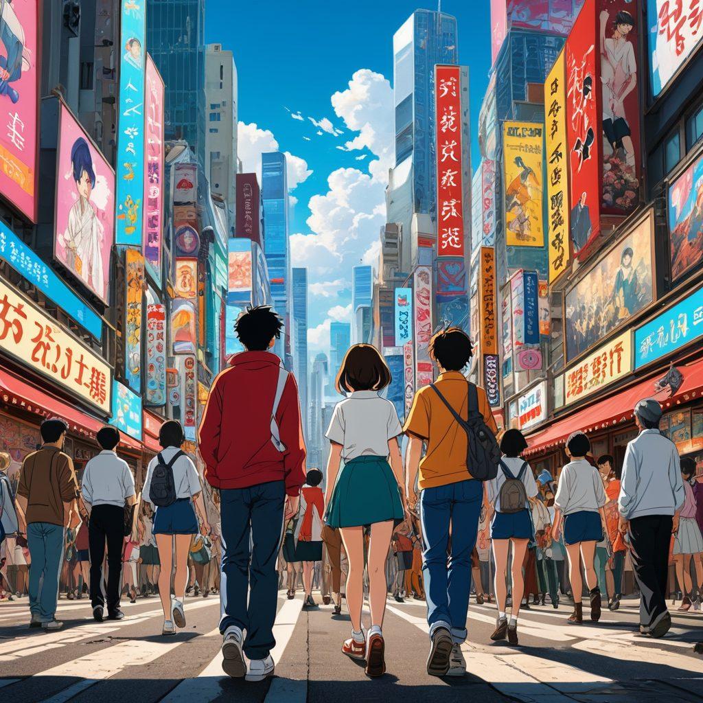 A dynamic collage depicting the evolution of adult anime, featuring iconic characters from different eras, vibrant backgrounds of bustling cityscapes, and vintage anime frames. The scene transitions from classic hand-drawn styles to modern CGI aesthetics, symbolizing cultural shifts. Include elements representing diverse fan communities and conventions. super-realistic. vibrant colors. cinematic depth.