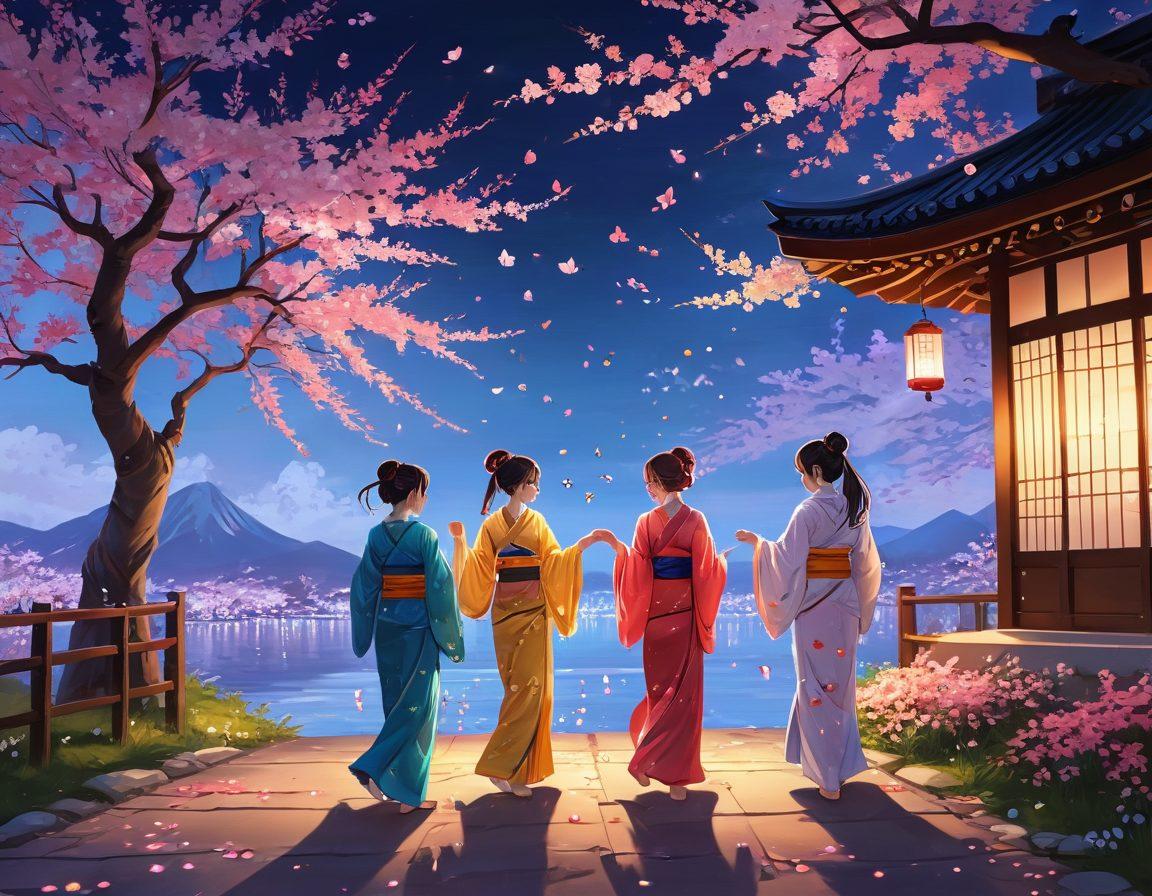 A visually striking and sensual illustration featuring a blend of traditional Japanese art styles with modern anime aesthetics. Show a diverse group of characters in vibrant, playful poses, surrounded by elements representing Japanese culture, such as cherry blossoms and lanterns. Incorporate subtle hints of fantasy and allure, ensuring a tasteful depiction of intimacy. Use vivid, eye-catching colors to enhance the vibrant atmosphere. digital painting. vibrant colors.